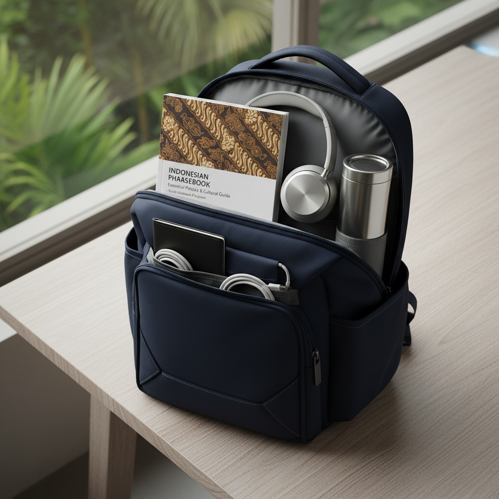 A blue backpack filled with various items, including headphones and a book on Indonesian.